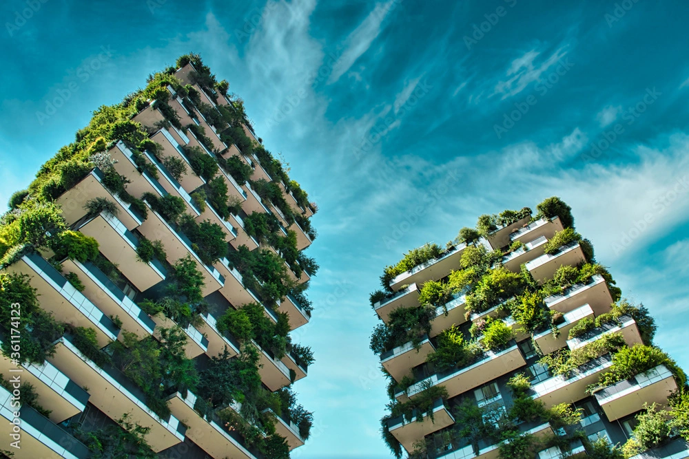 Eco-friendly high-rise buildings with vertical gardens and modern cement construction